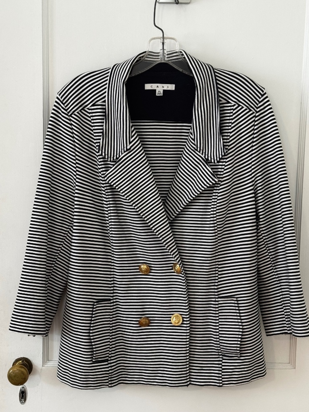 CAbi double breasted navy/white striped structured jacket, size XL, EUC